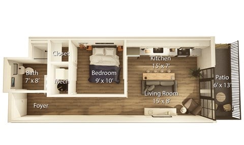 Floor plan for 1 bed, 1 bath, 557 sqft